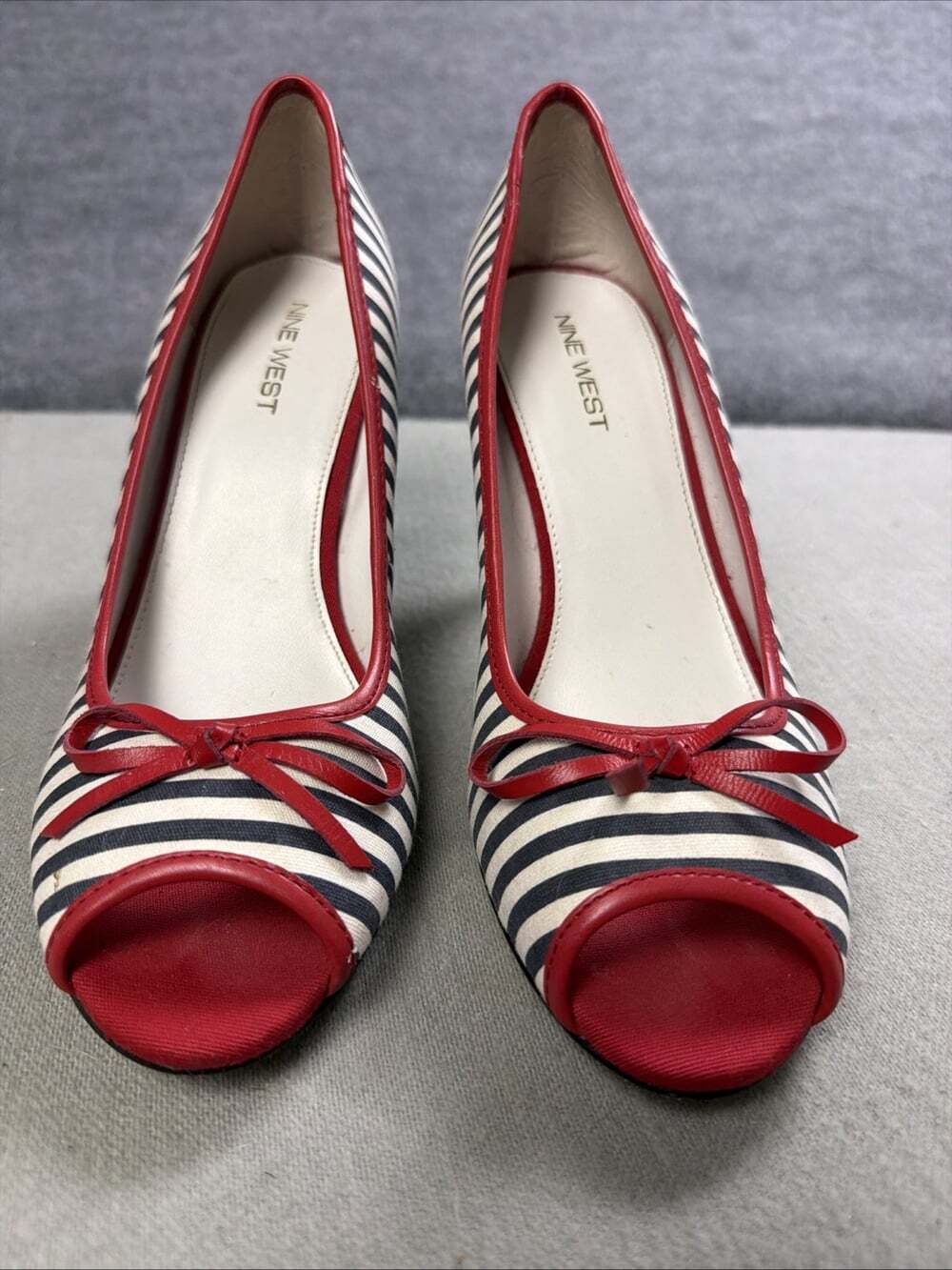 Nine West Nautical Pinup Striped Peep Toe Heels Navy Red Bow Pumps Women Sz 9